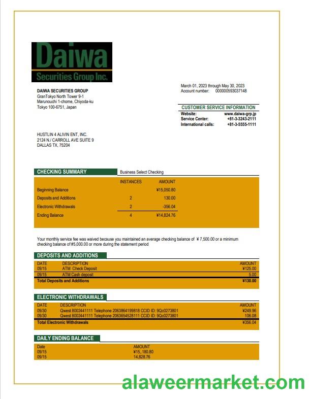 Daiwa Securities Group business bank statement Word and PDF template